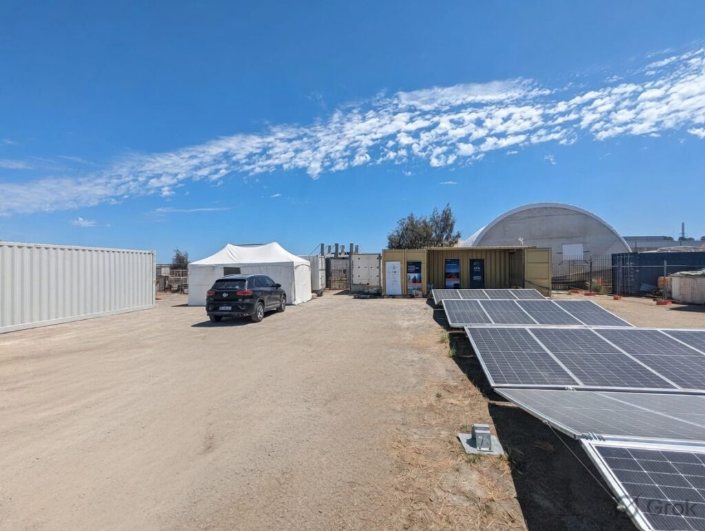 The Green Racks modular container beside its on-site solar array