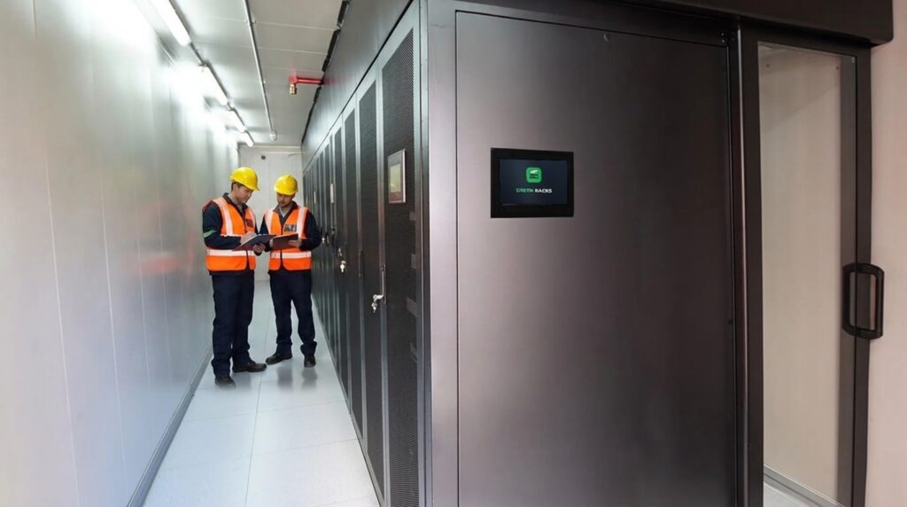 Green Racks engineers in hi-vis walking the data hall floor